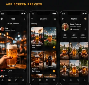 BeerTalk feed, discover and profile screens