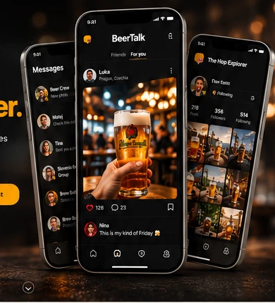 BeerTalk mobile app showing a social feed, messages and a beer profile