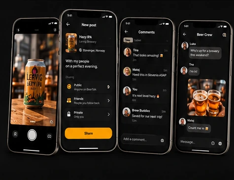 Four BeerTalk app screens showing photo capture, sharing, comments and group chat